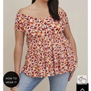 Torrid NWT,  MIX KNIT AND CRINKLE GAUZE OFF THE SHOULDER SMOCKED TOP Plus 3X